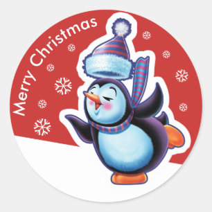 Roter Weihnachtsaufkleber Pinguin Skaten. Runder Aufkleber
