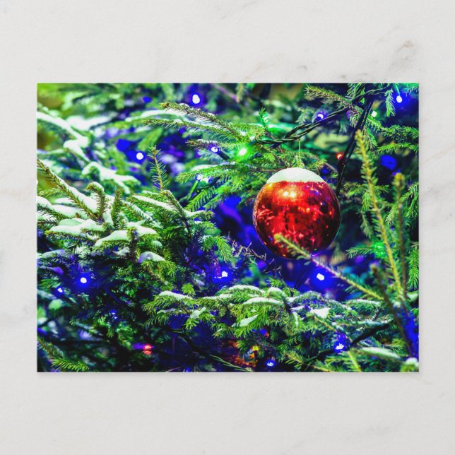 Roter Weihnachtsball, Grüner Spruce-Baum Postkarte (Vorderseite)