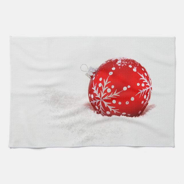 Roter Weihnachtsball mit Schneeflocke Geschirrtuch (Horizontal)