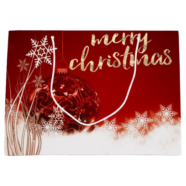 Roter Weihnachtsball, Schneeflocken, Urlaub Große Geschenktüte (Vorderseite)