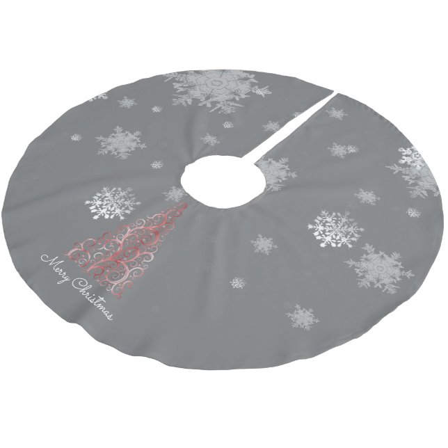 Roter Weihnachtsbaum und Schneeflocken Baumrock Polyester Weihnachtsbaumdecke (Schrägansicht)