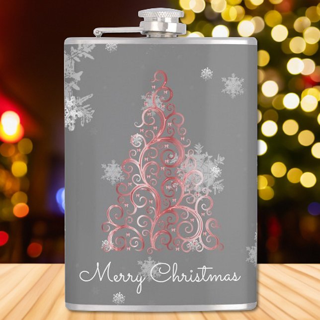 Roter Weihnachtsbaum und Schneeflocken Flachmann (Red Christmas Tree and Snowflakes Flask)