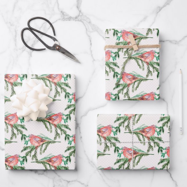 Roter Weihnachtsfest-Kardinal auf Kiefernzweigen Geschenkpapier Set (Vorderseite)