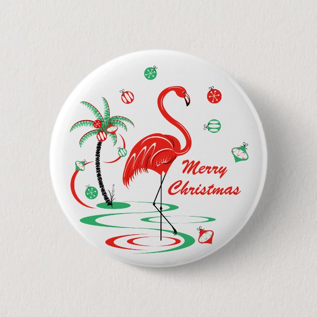 Roter Weihnachtsflamingo-frohe Weihnachten rund Button (Vorderseite)