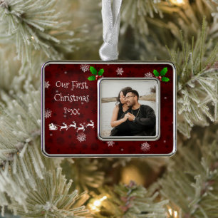 Roter Weihnachtsmann - Schlitten und Rentier Rahmen-Ornament Silber