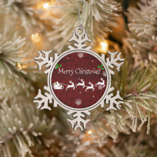Roter Weihnachtsmann - Schlitten und Rentier Schneeflocken Zinn-Ornament