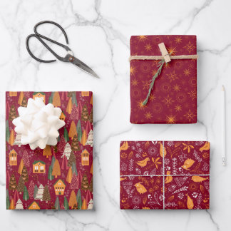 Roter Weihnachtswald Dorf Vögel Schneeflocken Geschenkpapier Set