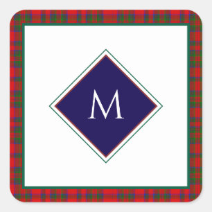 Roter Weihnachtswolltextur-Karo mit Monogramm Quadratischer Aufkleber