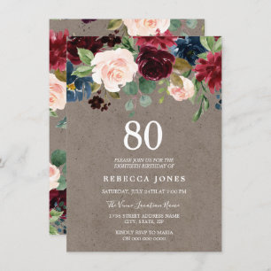 Roter Wein Burgundy Floral 80. Geburtstagsparty Einladung