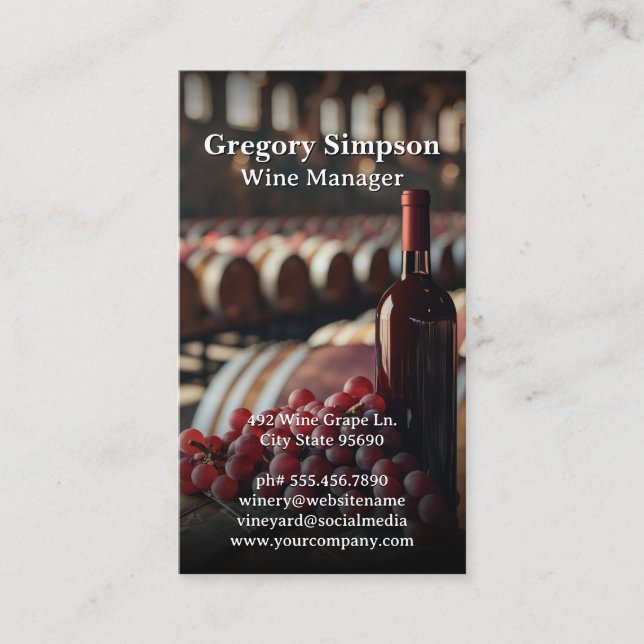 Roter Wein Flasche und Trauben | Weinbarrels Visitenkarte (Vorderseite)