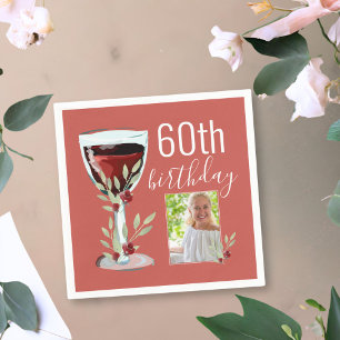 Roter Wein Rose Aquarell Foto 60. Geburtstag Serviette