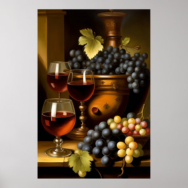 Roter Wein und Trauben Poster (Vorne)