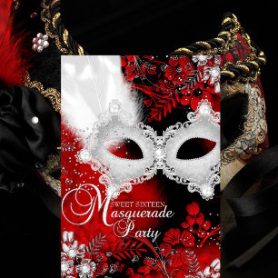 Roter weißer Funkelmasquerade Sweet 16 Einladung