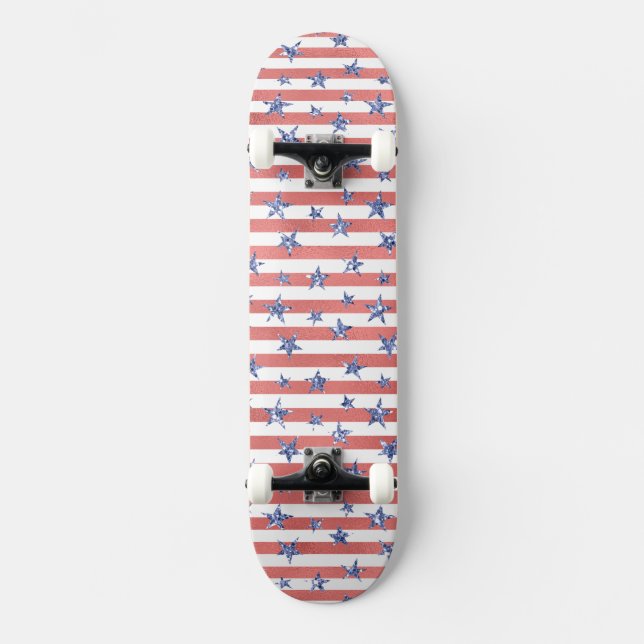 Roter Weißer Glitzer Blaue Stars Streifen Skateboard (Vorderseite)