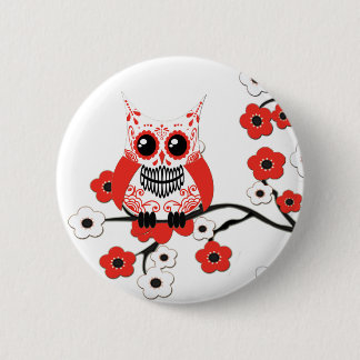 Roter weißer Kirschblüten-Eulen-Knopf Button