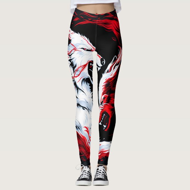 Roter Weißer Kosmischer Wolf Krieger Leggings (Vorderseite)