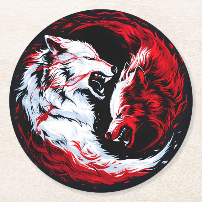 Roter Weißer Kosmischer Wolf Krieger Runder Pappuntersetzer (Vorderseite)