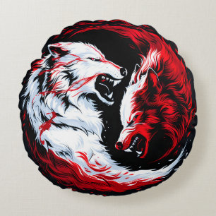 Roter Weißer Kosmischer Wolf Krieger Rundes Kissen