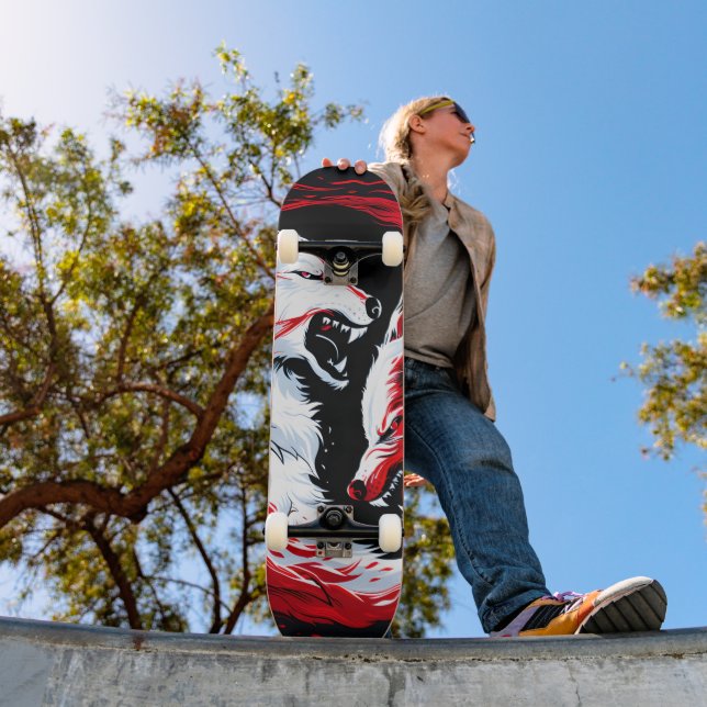 Roter Weißer Kosmischer Wolf Krieger Skateboard (Außenbereich 1)