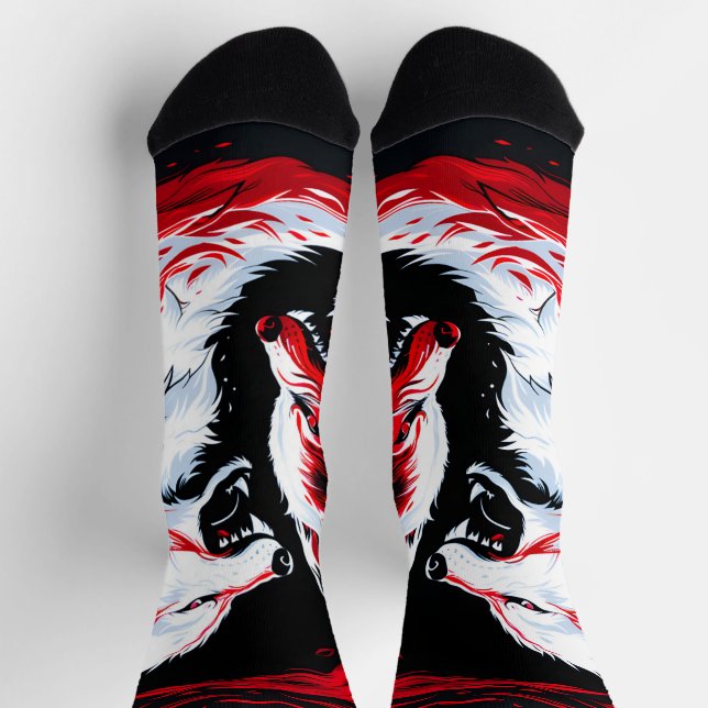 Roter Weißer Kosmischer Wolf Krieger Socken (Oben)