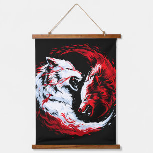 Roter Weißer Kosmischer Wolf Krieger Wandteppich Mit Holzrahmen