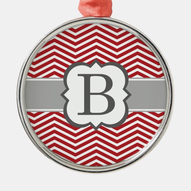 Roter weißer Monogramm-Buchstabe B Zickzack Silbernes Ornament (Vorne)