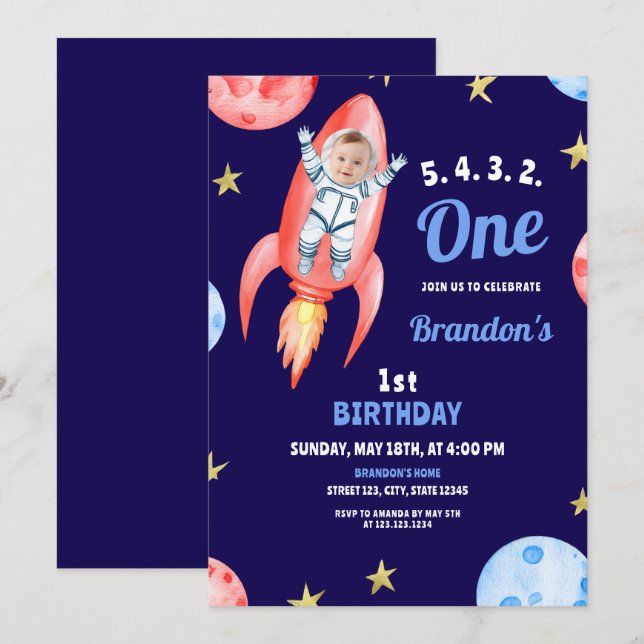 Roter Weltraum-Astronaut 1. Geburtstag Einladung (Vorne/Hinten)
