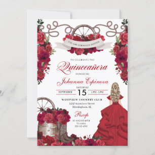 Roter Western der Blüte Ranchero Quinceanera Einladung