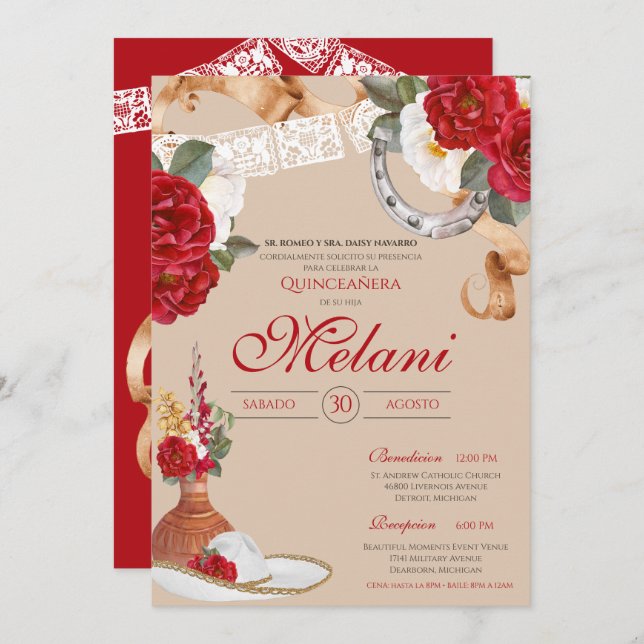 Roter Western Rosen Charro Ranchero Quinceanera Einladung (Vorne/Hinten)