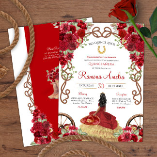 Roter Western Rustikale Blumencharra Quinceanera Einladung