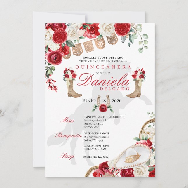 Roter Western Stiefel & Rose Papel Picado Quinceañ Einladung (Vorderseite)