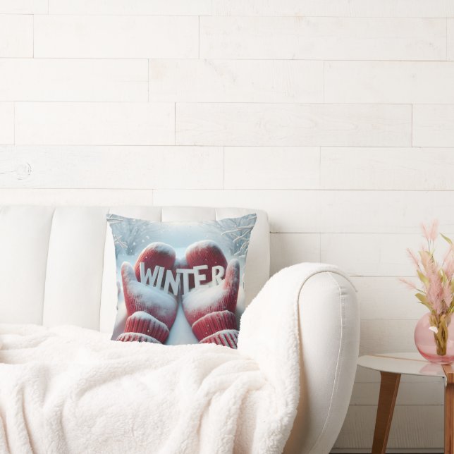 Roter Winter Mitten mit Schneeflocken Kissen (Liege)