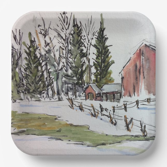Roter Winter Stall Papiertüte / Aquarellspülen Pappteller (Vorderseite)