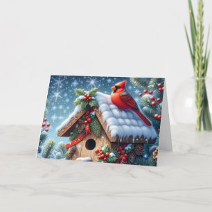 Roter Winterkardinal auf Vogelhaus Weihnachten