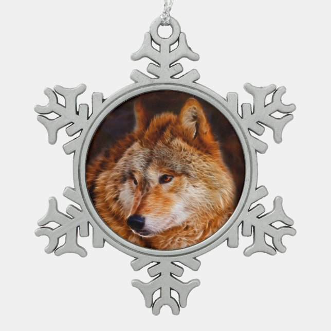 Roter Wolf Fraktal Schneeflocken Zinn-Ornament (Vorderseite)