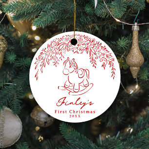 Roter wunderlicher Schaukelpferd Baby's 1. Weihnac Keramik Ornament