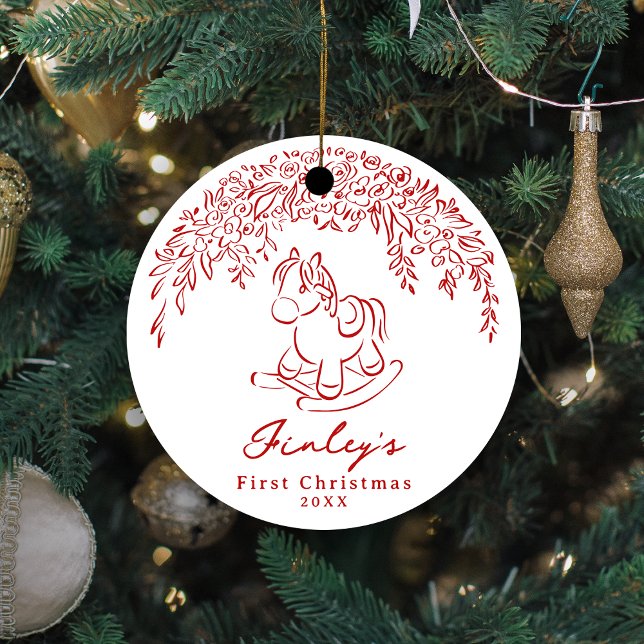 Roter wunderlicher Schaukelpferd Baby's 1. Weihnac Keramik Ornament (Red Whimsical rocking horse Baby's 1st Christmas Ceramic Ornament)