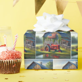 Roter Zuchttraktor mit Patriotikstall Geschenkpapier