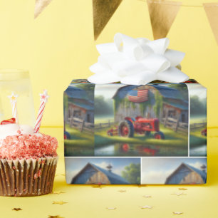 Roter Zuchttraktor mit Patriotikstall Geschenkpapier