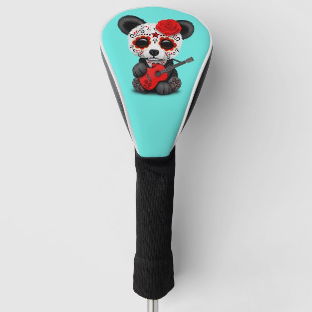 Roter Zuckerschädel-Panda, der Gitarre spielt Golf Headcover (Vorderseite)