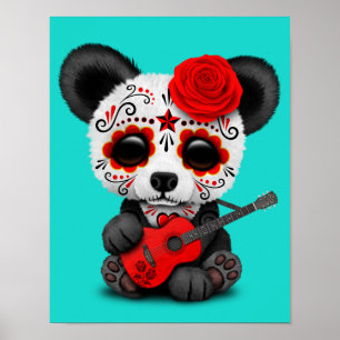 Roter Zuckerschädel-Panda, der Gitarre spielt Poster