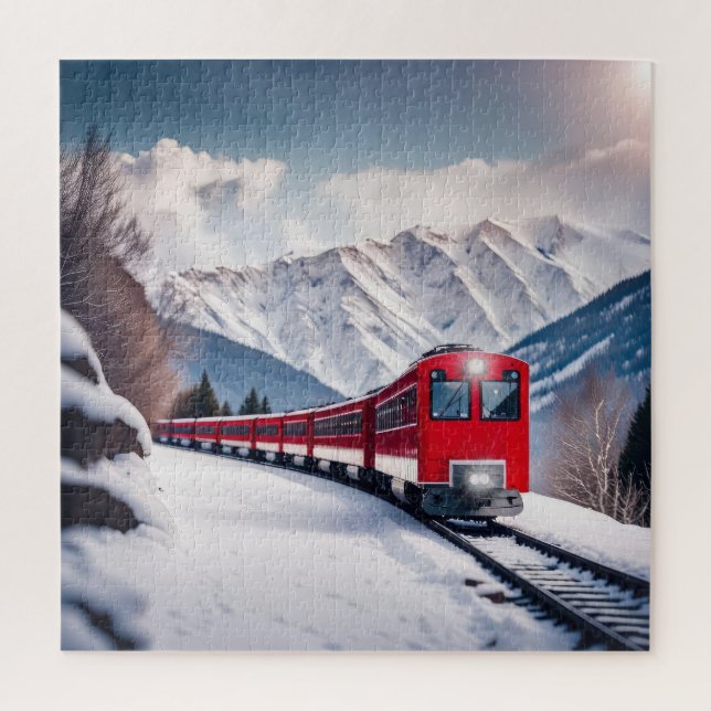 Roter Zug im Snowy Mountain Valley Puzzle (Vertikal)