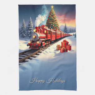 Roter Zug Weihnachtsbaum Feiertag Küchenhandtuch Geschirrtuch
