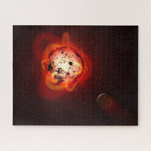 Roter Zwergstern, der von einem hypothetischen Exo Puzzle (Horizontal)