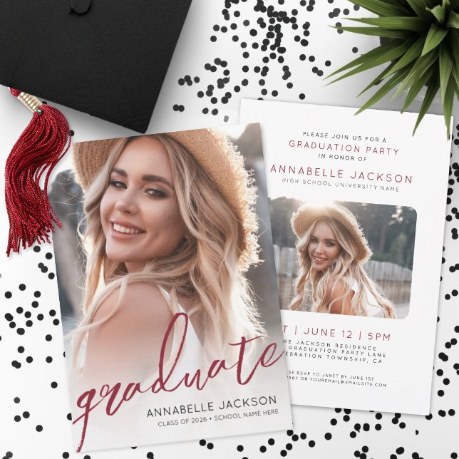 Rotes Abschlussfoto Abitur Einladung (Red Trendy Script Graduate Photo Graduation Invitation)