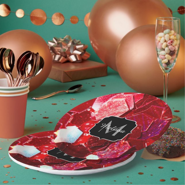 Rotes abstraktes Mosaikmuster Glitzer-Muster Monog Pappteller (Multi)