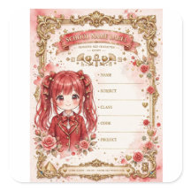 Rotes Anime-Mädchen mit Schulaufkleber