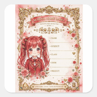 Rotes Anime-Mädchen mit Schulaufkleber Quadratischer Aufkleber