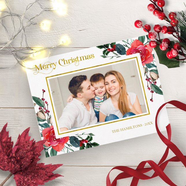 Rotes Aquarell Blütenwein Weihnachten Foto Postkarte (Von Creator hochgeladen)