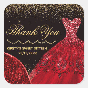 Rotes Aquarell-Glitter-Kleid Sweet 16 Quadratischer Aufkleber
